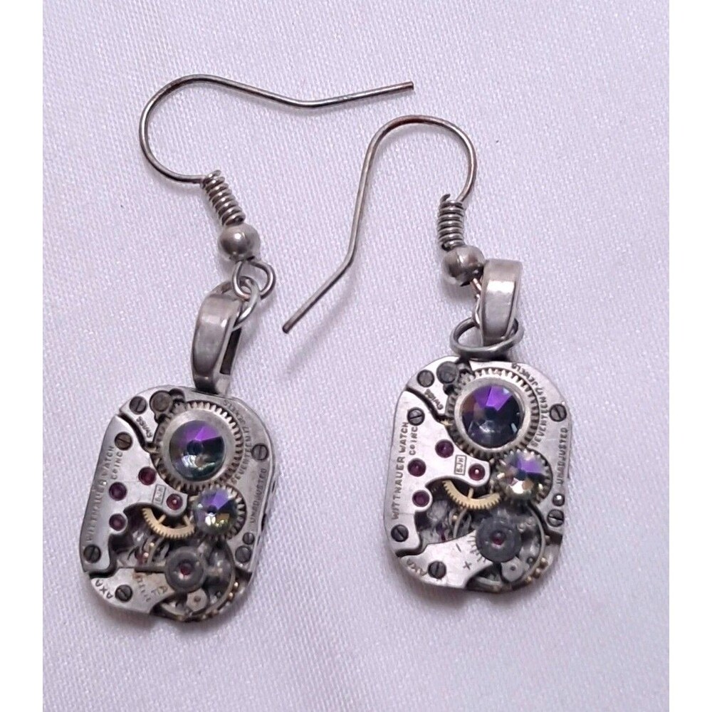 Steampunk Style Earrings Using Wittnauer Repurposed Watch Parts Silver Tone